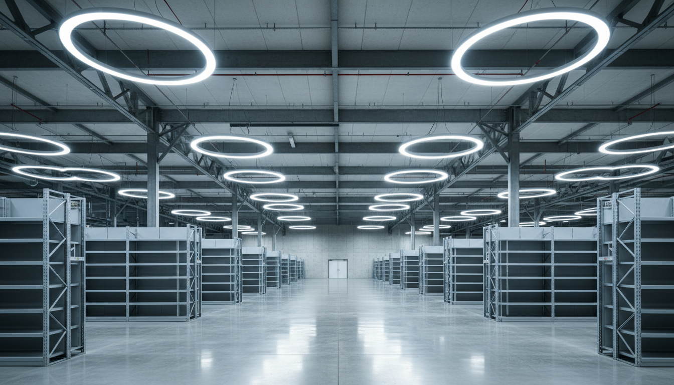 Yüksek tavan high-bay LED armatürlerle aydınlatılmış endüstriyel depo