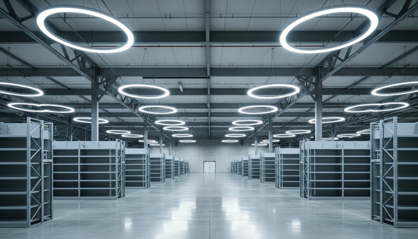 Yüksek tavan high-bay LED armatürlerle aydınlatılmış endüstriyel depo