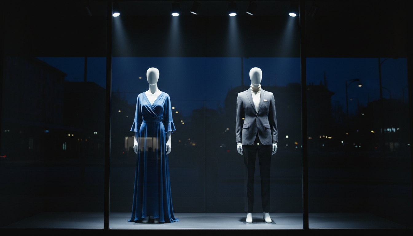 Moda mağazası vitrininde gece yüksek kontrastlı dramatic aydınlatma