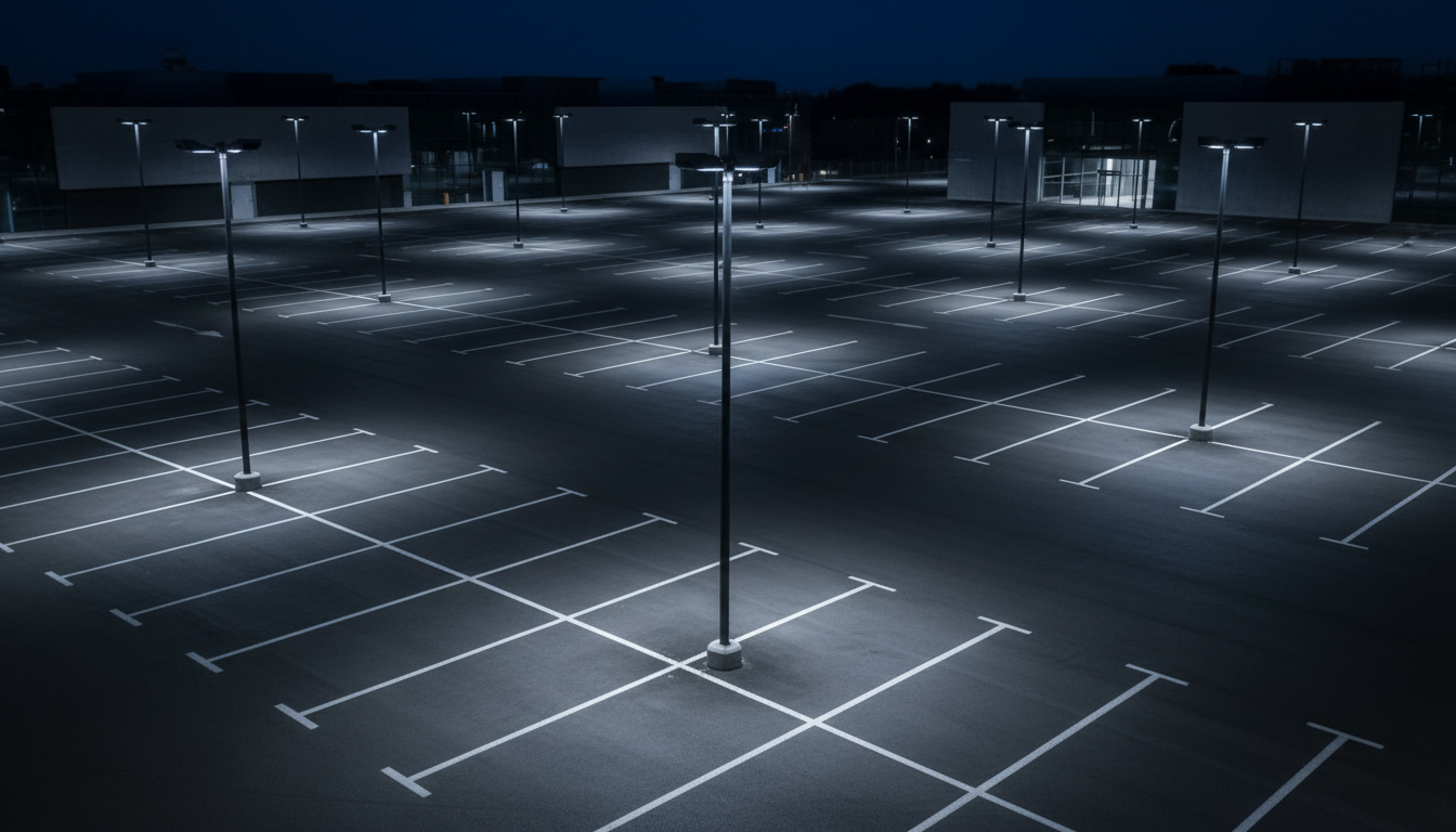 Asimetrik optikli projektör ile parking alanında düzgün ışık dağılımı
