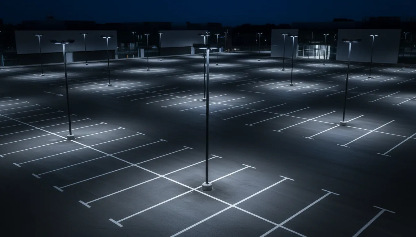 Asimetrik optikli projektör ile parking alanında düzgün ışık dağılımı
