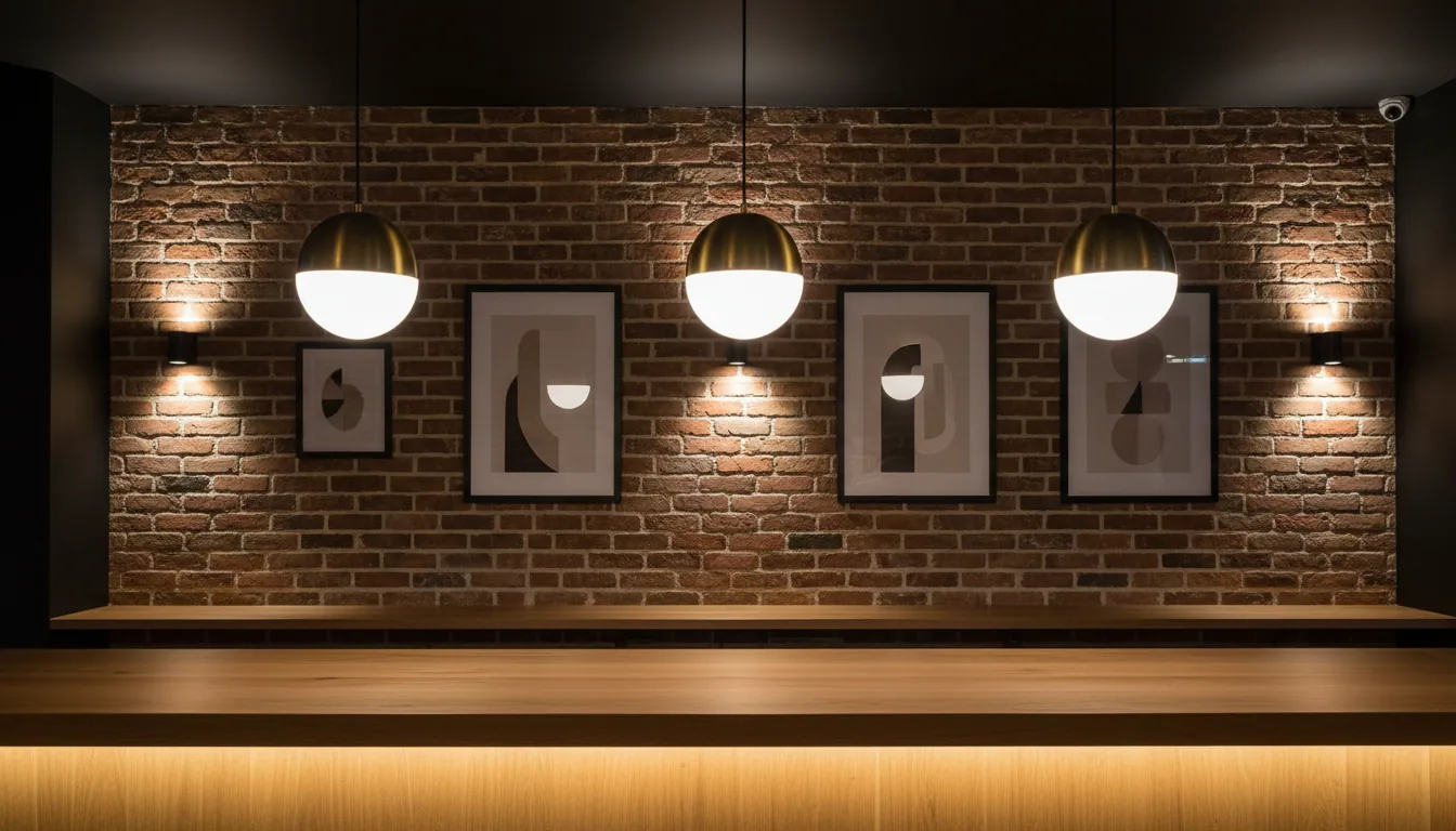 Boutique kafe ortamında sarkıt armatürlerle aydınlatılmış bar masası
