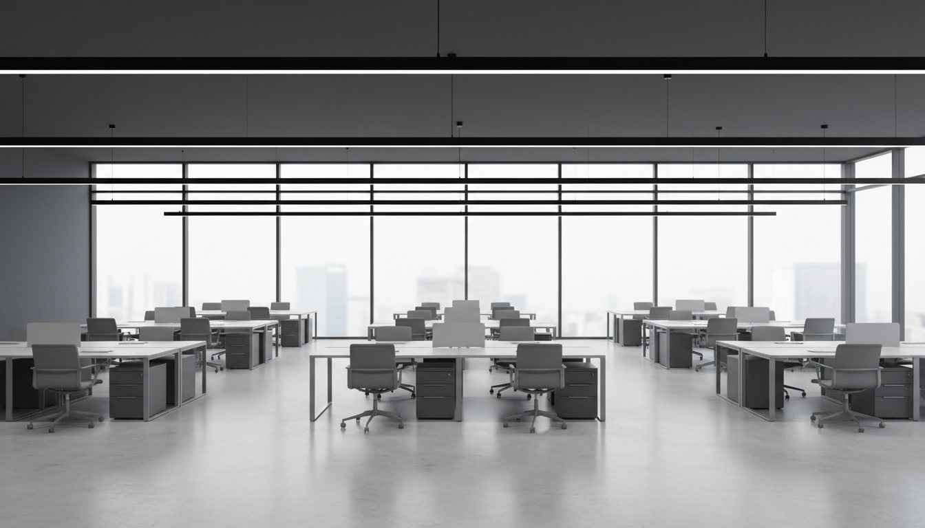 Modern açık ofis tavanında lineer trunking sistemiyle uniform aydınlatma
