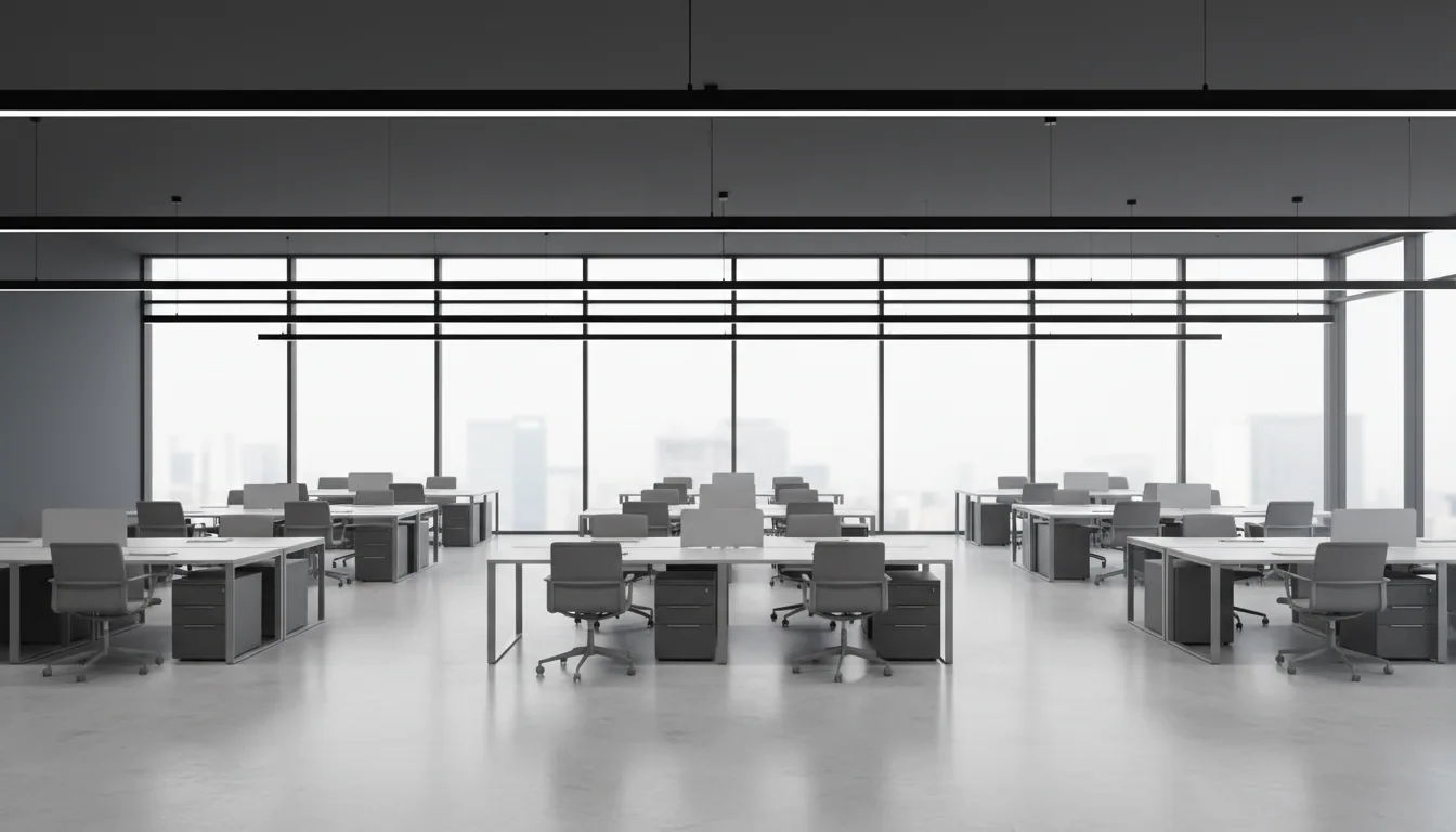 Modern açık ofis tavanında lineer trunking sistemiyle uniform aydınlatma
