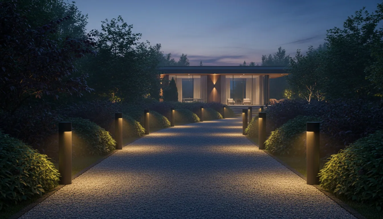 Modern villa bahçesinde bolard armatürlerle yürüyüş yolu aydınlatma