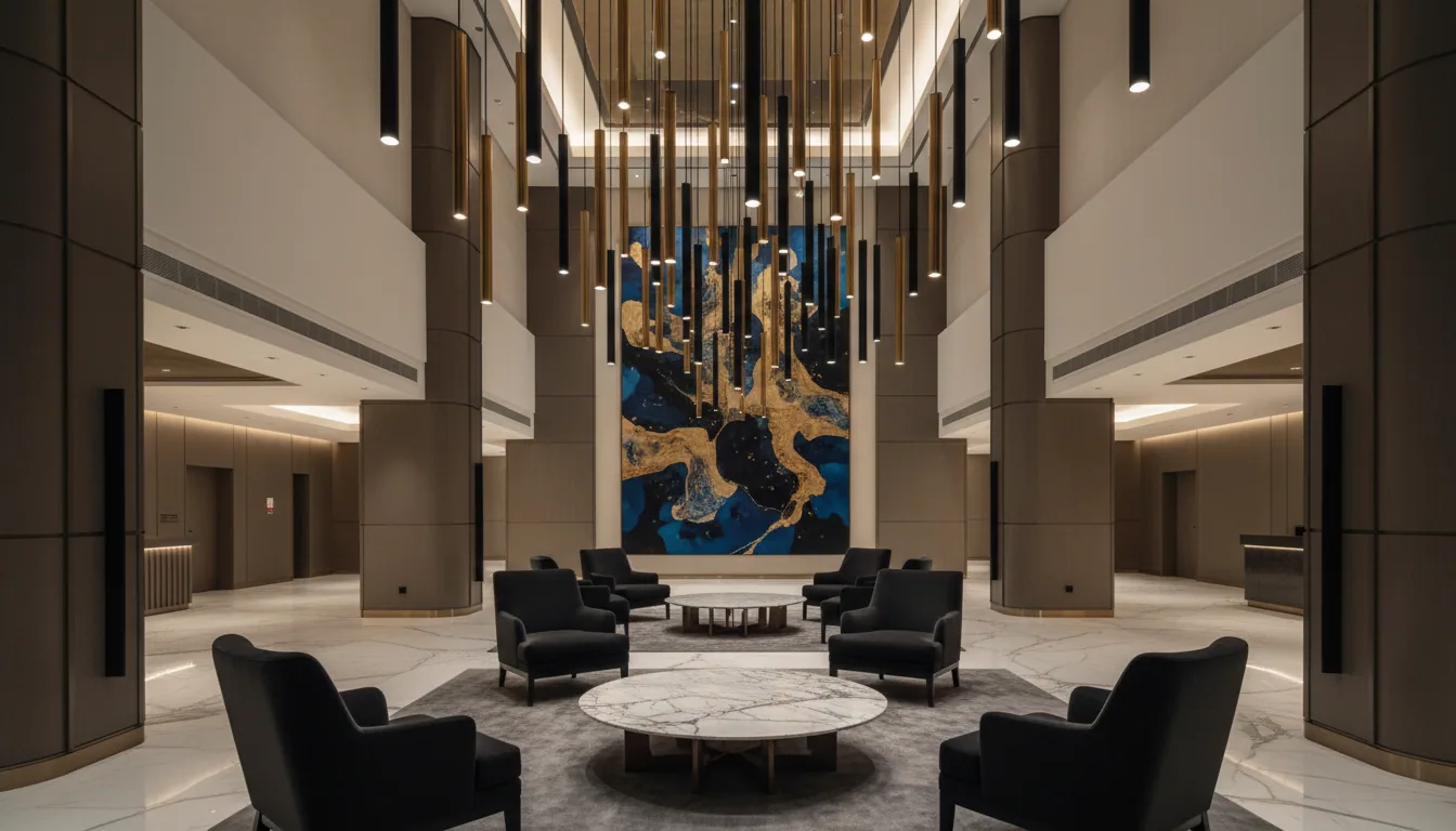 Otel lobisinde dramatic sarkıt armatür kümesi (cluster)