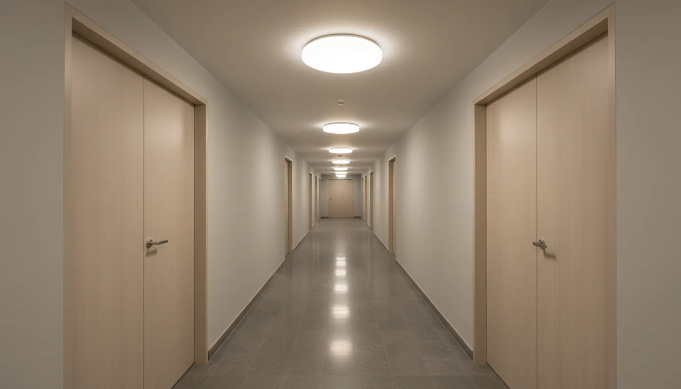 Modern apartman ortak koridorunda sıva üstü LED armatür uygulaması