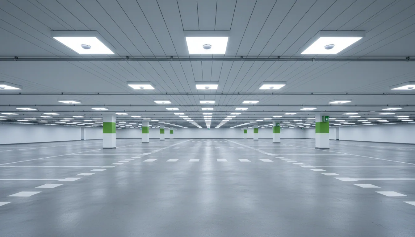 Modern kapalı otoparkta hareket sensörlü sıva üstü LED armatürler