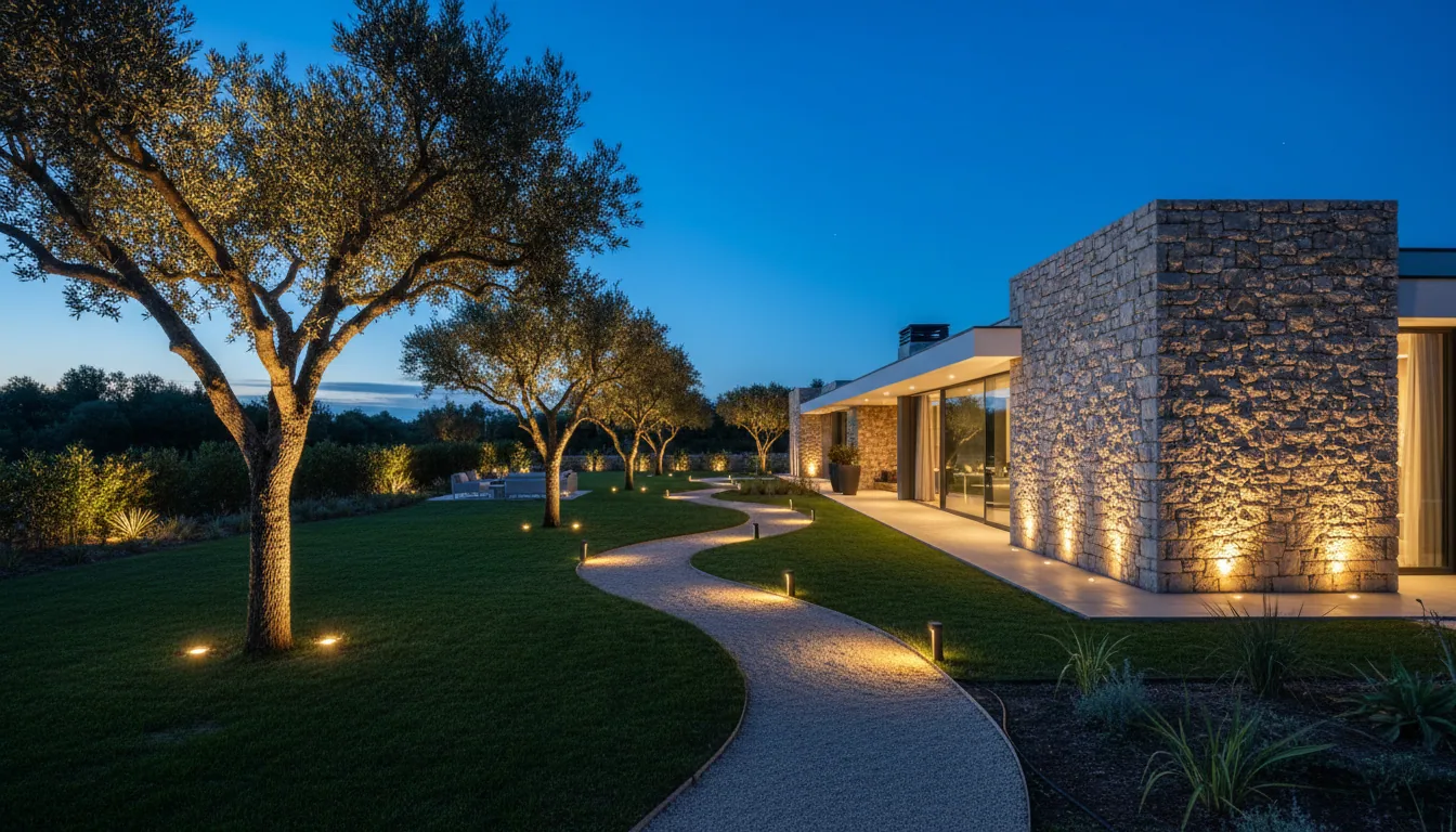 Modern villa bahçesinde yere gömme armatürlerle ağaç ve cephe aydınlatma